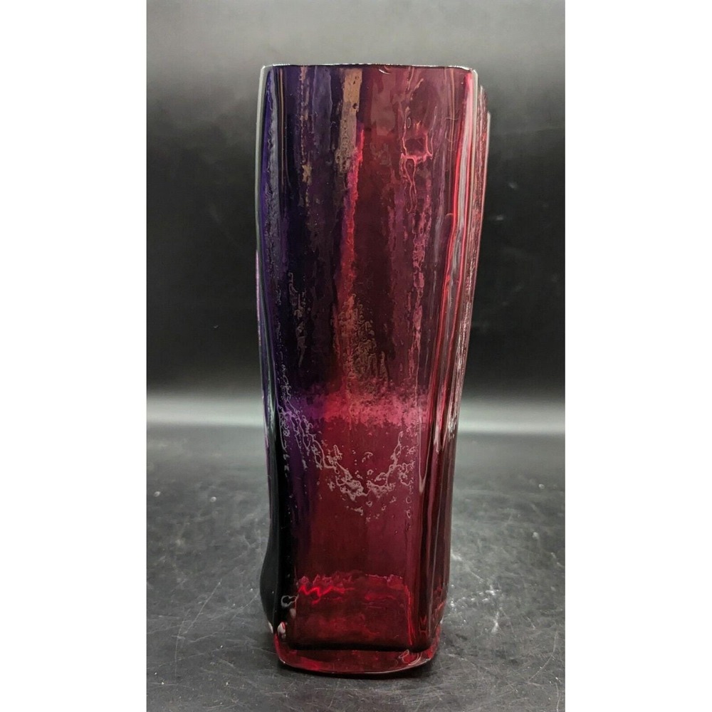 Vintage Lost Angel Studios Geometric Art Glass Vase Red Purple 9" Signed